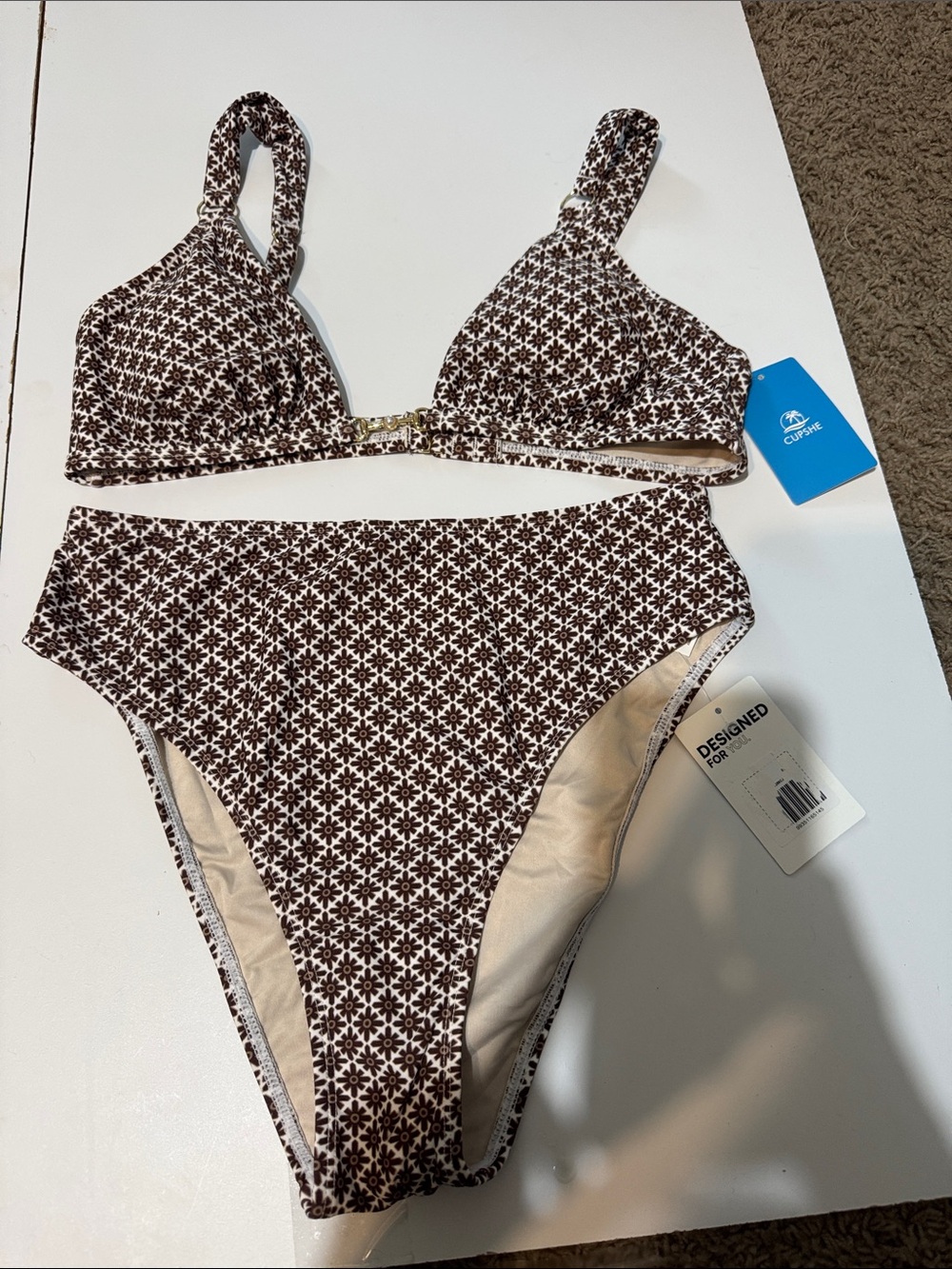High-Waist Brown Floral Print Bikini Set from Cupshe NWT M